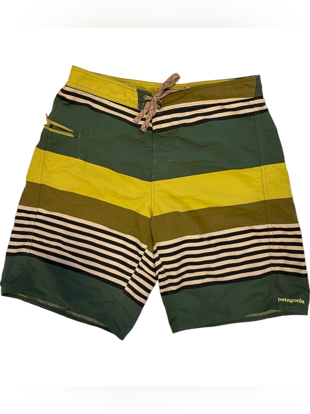 Patagonia Wavefarer Green White Yellow Striped Men’s Board Shorts Size 34